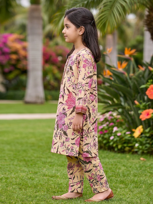 RWS-0013, Embroidered Soft Beige Digital Print 2 Pcs