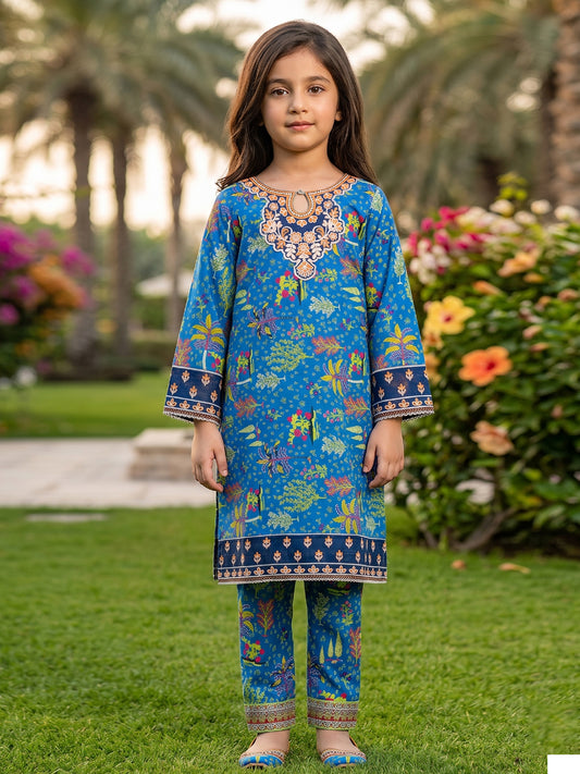 RWS-0014, Embroidered Deep Blue Digital Print 2 Pcs