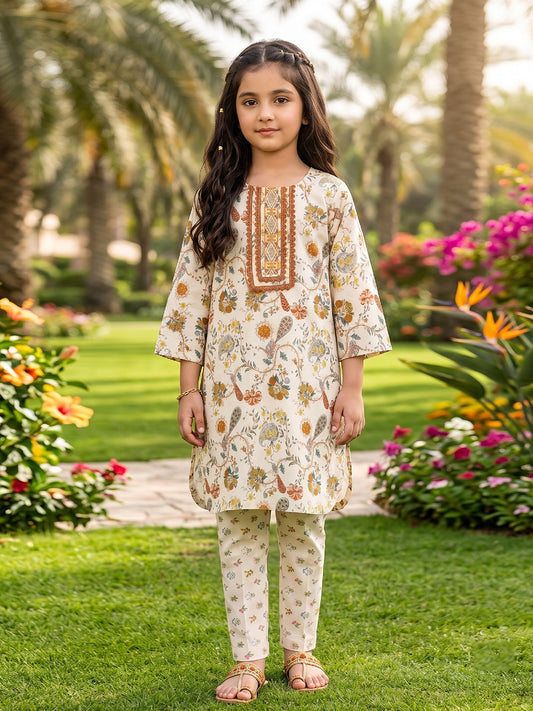 RWS-0016, Embroidered Off-White (ivory) Digital Print 2 Pcs