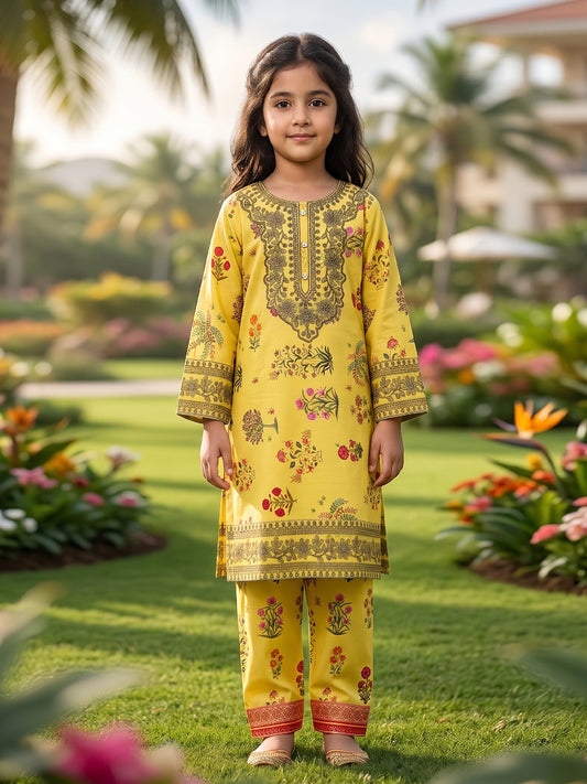 RWS-0017, Embroidered Sunny Yellow Digital Print 2 Pcs