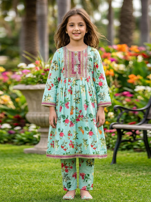 RWS-0019, Embroidered Mint Green Digital Print 2 Pcs